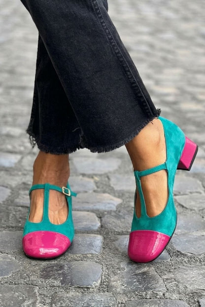 tacchi chunky viola con punta rotonda e cinturino a T con fibbia colorblock.
