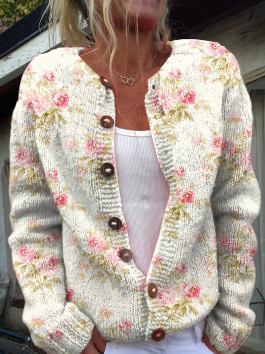 Serenella | Cardigan Floreale Lavorato a Maglia Vintage