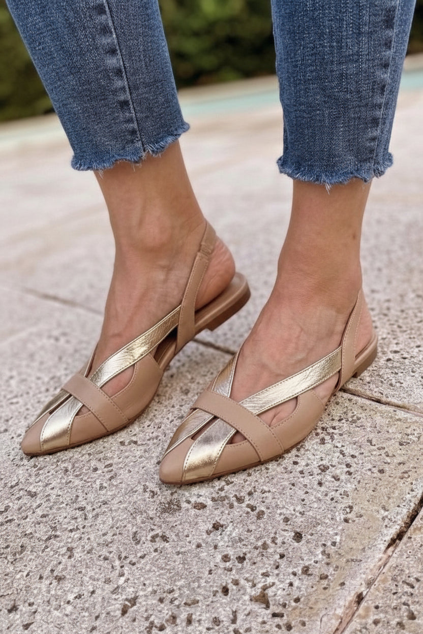 Ballerine slingback cut-out metallizzate chic Marrone e Oro a punta