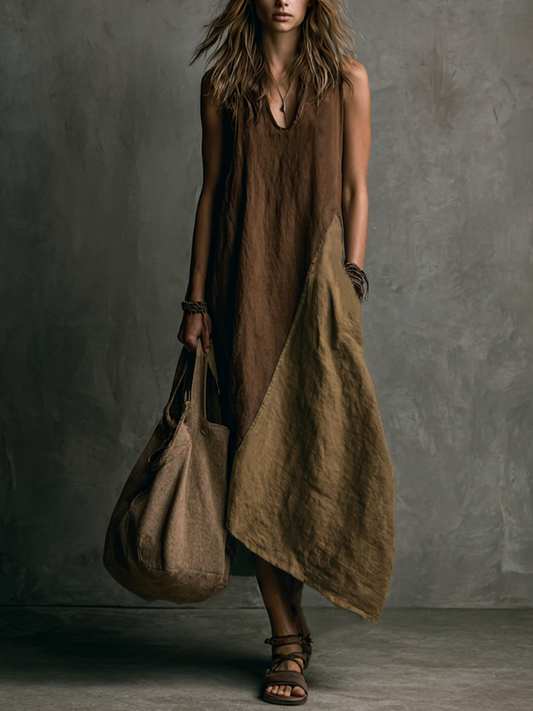 Abito patchwork marrone e cachi con scollo a V