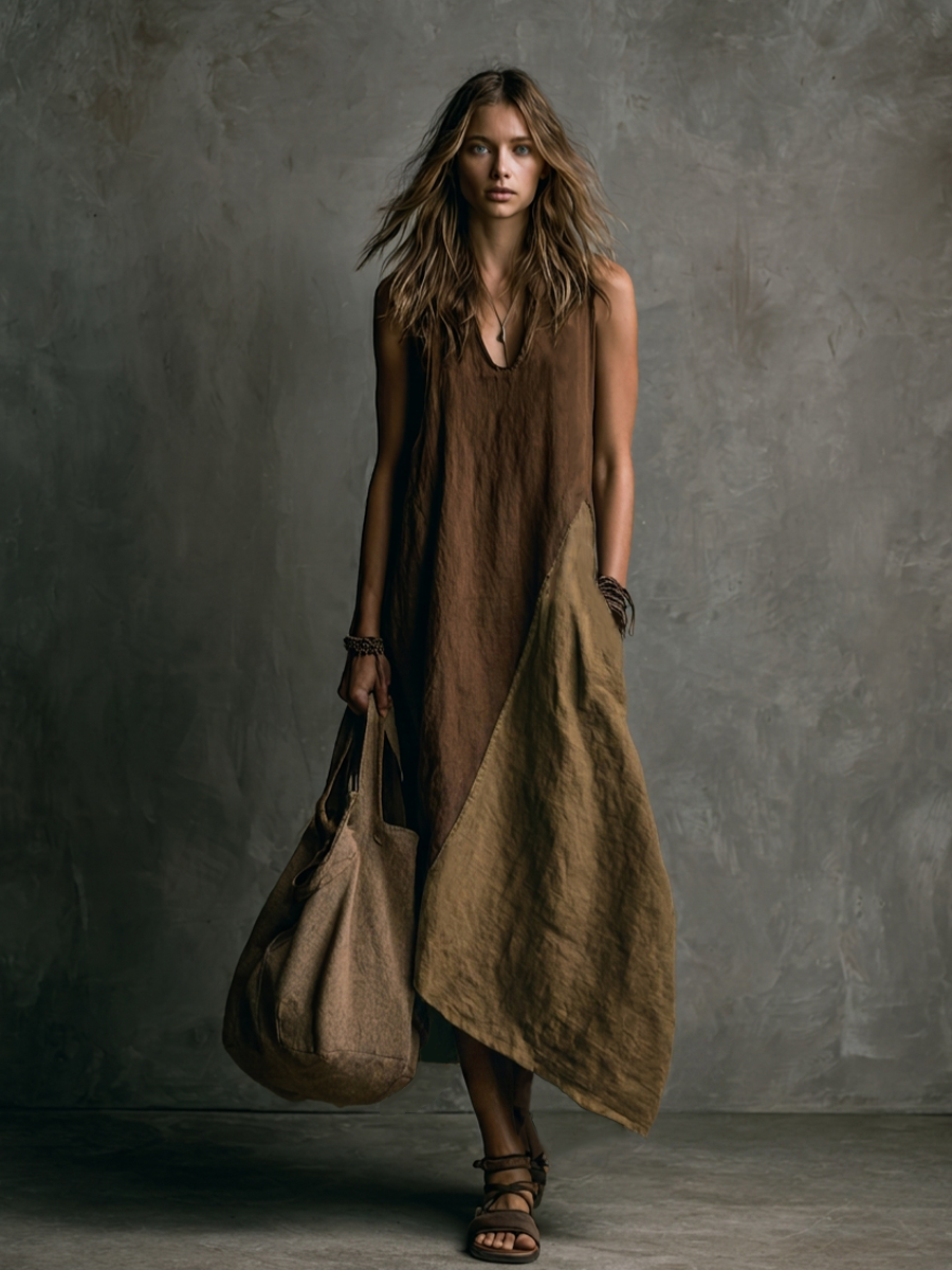 Abito patchwork marrone e cachi - dettaglio