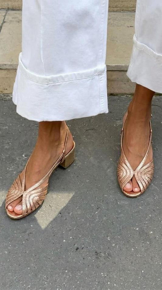 Tacchi a blocco slingback peep toe intrecciati metallizzati Oro Rosa