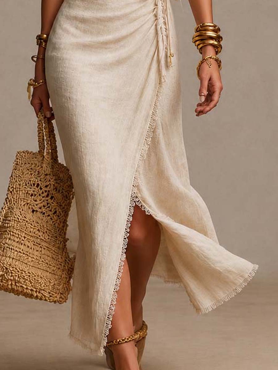 BIANCA | Abito midi in lino naturale con scollo incrociato sul davanti, volant e bordo in pizzo