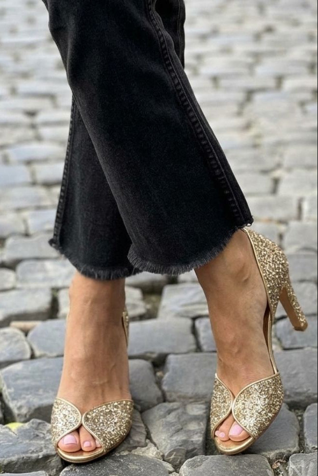Tacchi alti peep toe d'Orsay brillanti eleganti Oro