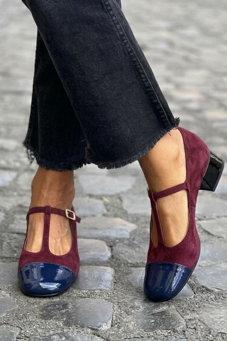 tacchi chunky viola con punta rotonda e cinturino a T con fibbia colorblock.