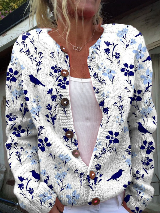 Loretta | Cardigan Vintage con Bottoni e Stampa Floreale e Uccelli