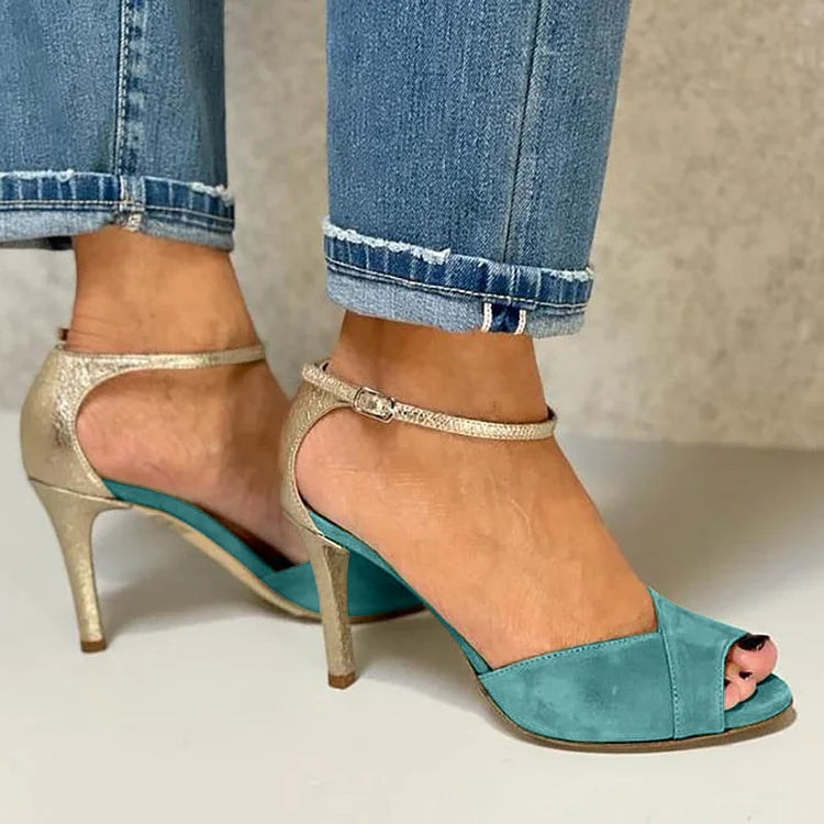 Tacchi a spillo peep toe glitter con cinturino alla caviglia e fibbia