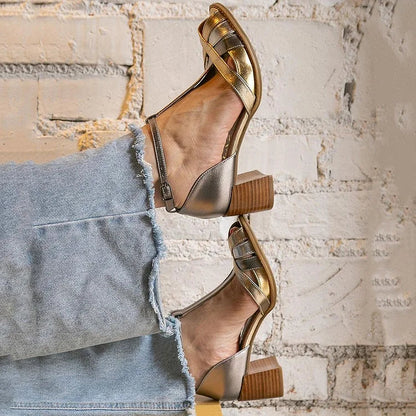 Tacchi larghi peep toe metallizzati comodi Oro con fibbia, cinturino a T e cinturini incrociati