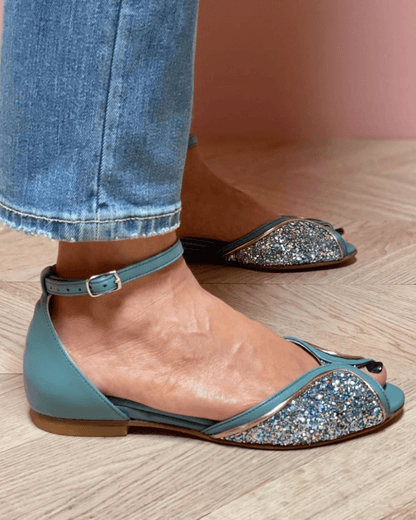 Sandali peep toe glitter patchwork con cinturino alla caviglia e fibbia