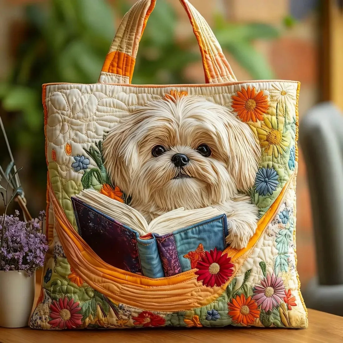 Aurora | Borsa Trapuntata Shih Tzu con Libro e Fiori