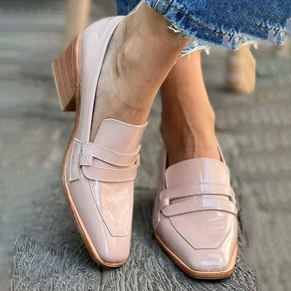 Mocassini chunky verniciati Rosa a punta quadrata in pelle