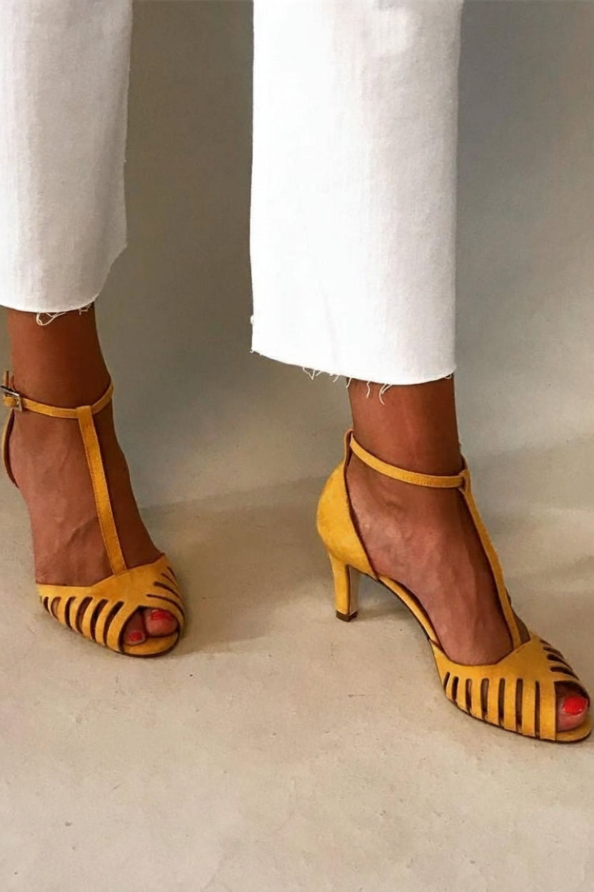 Sandali cut-out peep toe scamosciati Giallo con cinturino a T