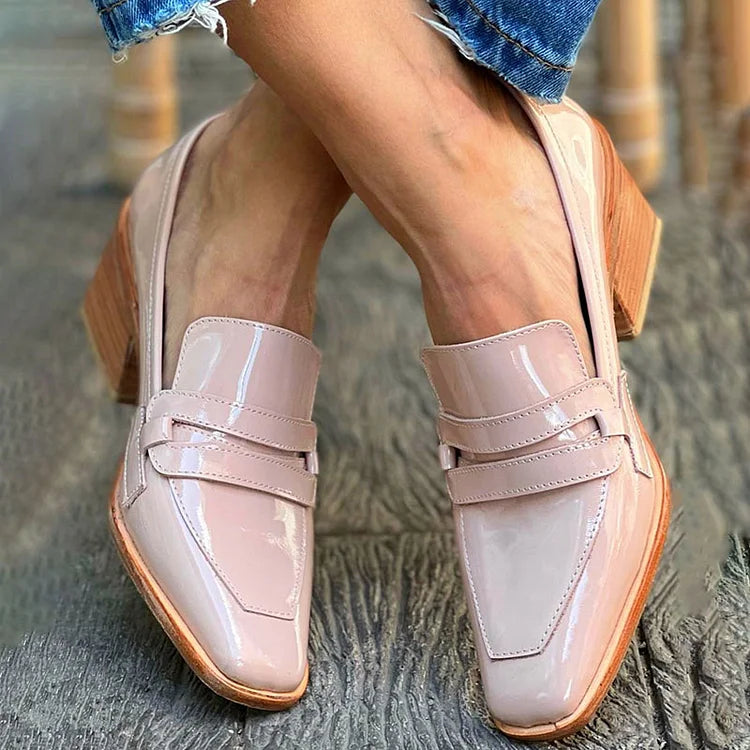 Mocassini chunky verniciati Rosa a punta quadrata in pelle