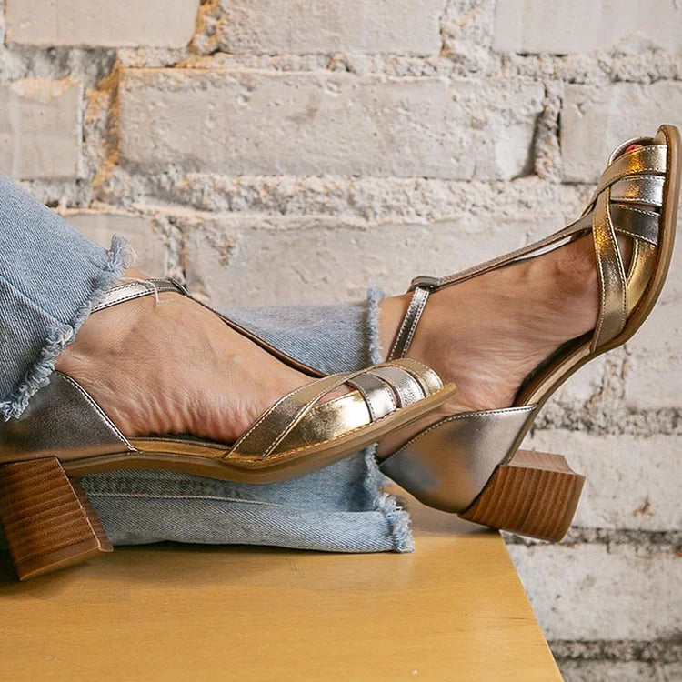 Tacchi larghi peep toe metallizzati comodi Oro con fibbia, cinturino a T e cinturini incrociati