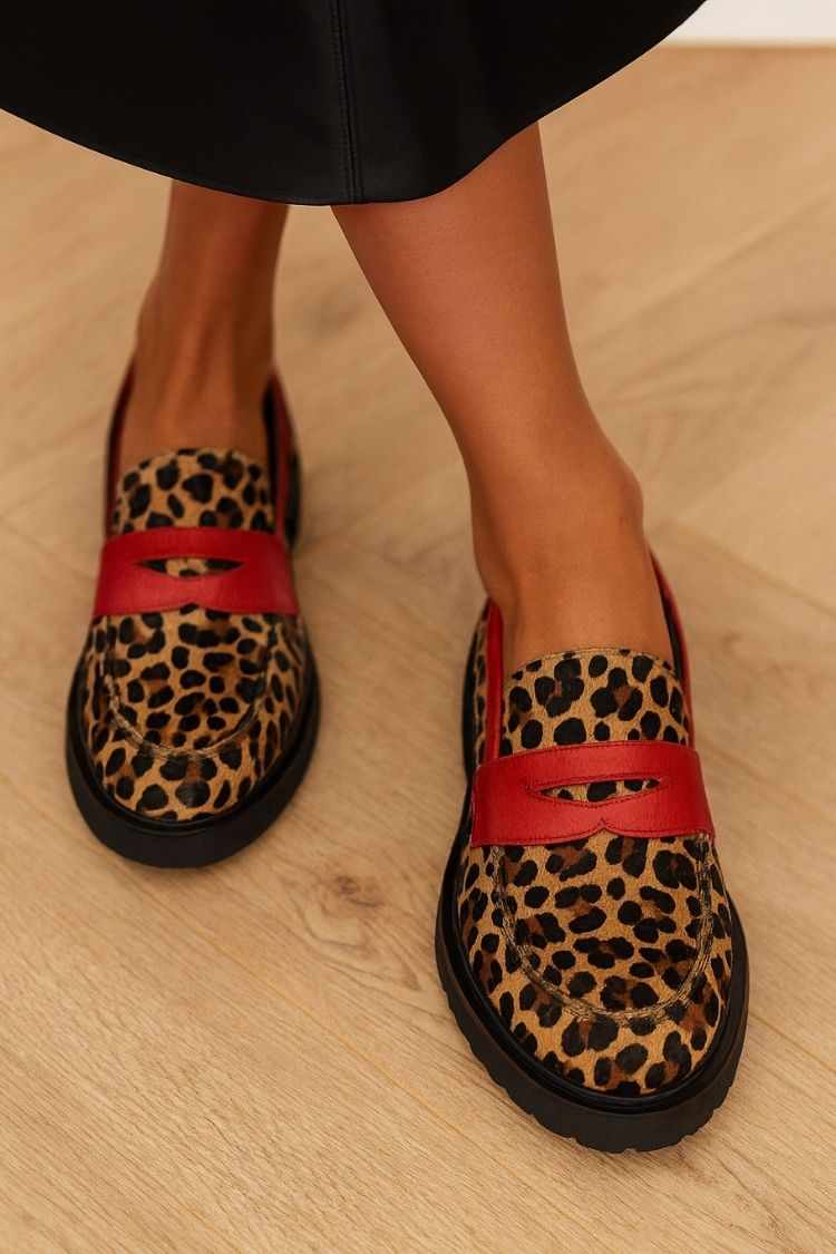 Mocassini chunky color block stampa leopardata Rosso