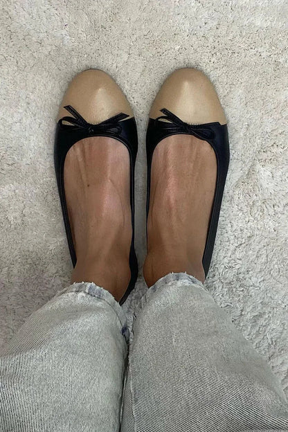 Ballerine color block Nero a punta tonda con fiocco