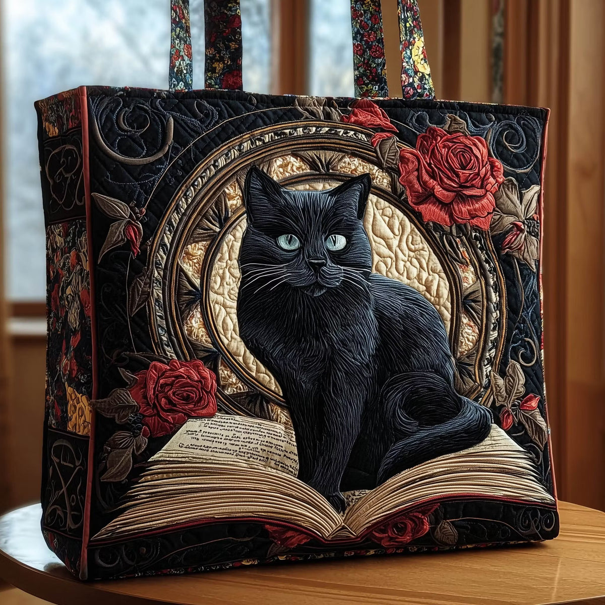 Loredana | Borsa Trapuntata Gatto Nero con Rose