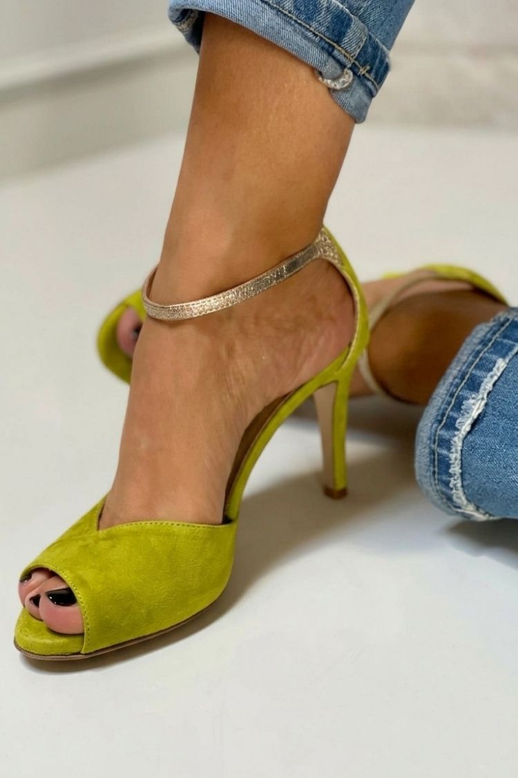 Tacchi a spillo peep toe glitter con cinturino alla caviglia e fibbia
