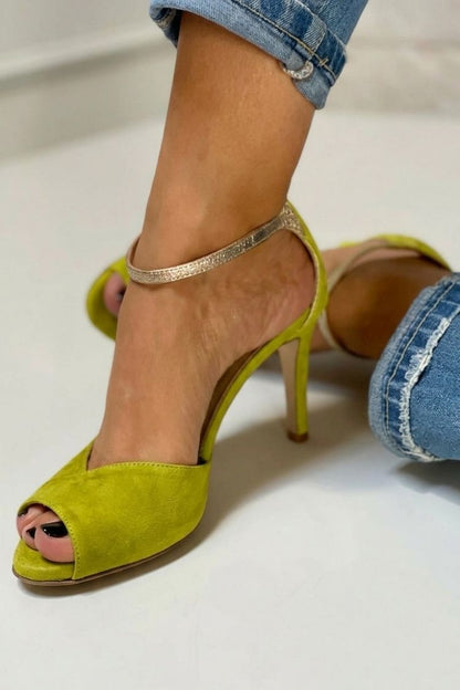 Tacchi a spillo peep toe glitter con cinturino alla caviglia e fibbia