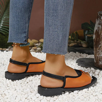 Sandali slingback stampa leopardata patchwork a punta quadrata