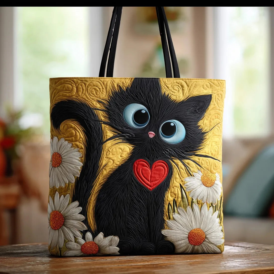 Valentina | Borsa Trapuntata Gatto Nero con Cuore e Margherite