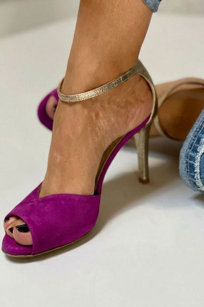 Tacchi a spillo peep toe glitter con cinturino alla caviglia e fibbia