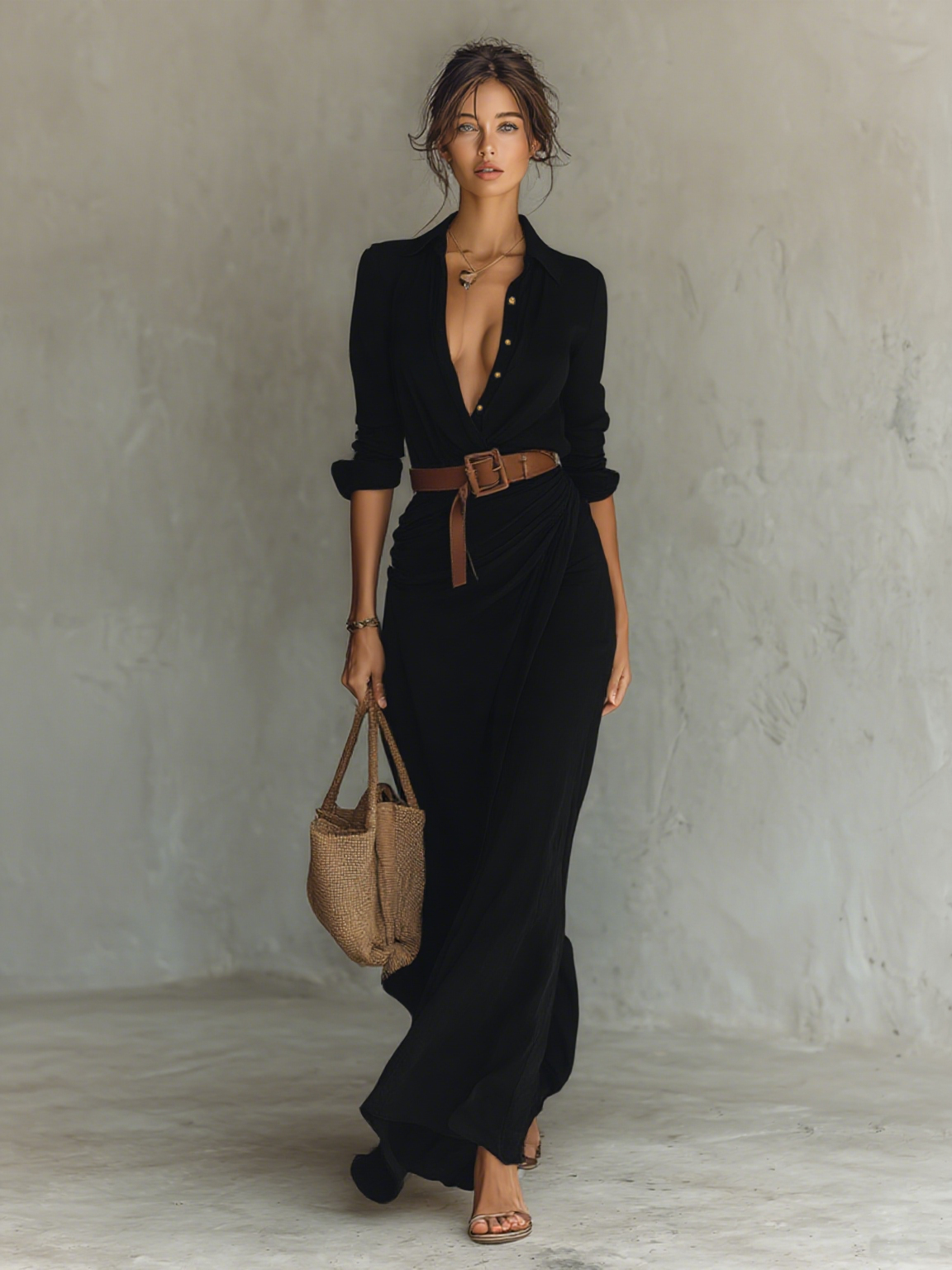 Abito Maxi Lungo con Collo Classico e Maniche Lunghe da Donna