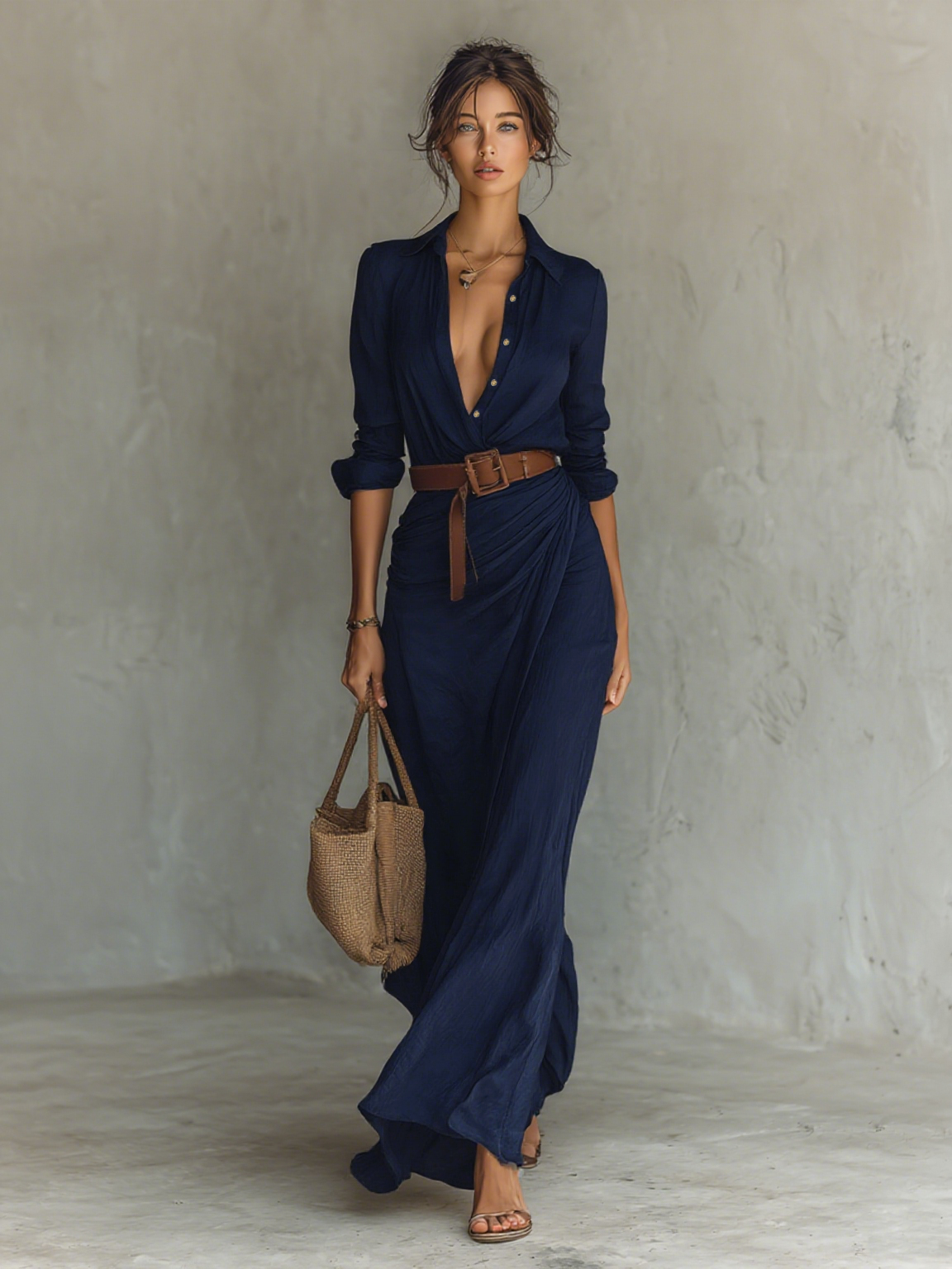 Abito Maxi Lungo con Collo Classico e Maniche Lunghe da Donna