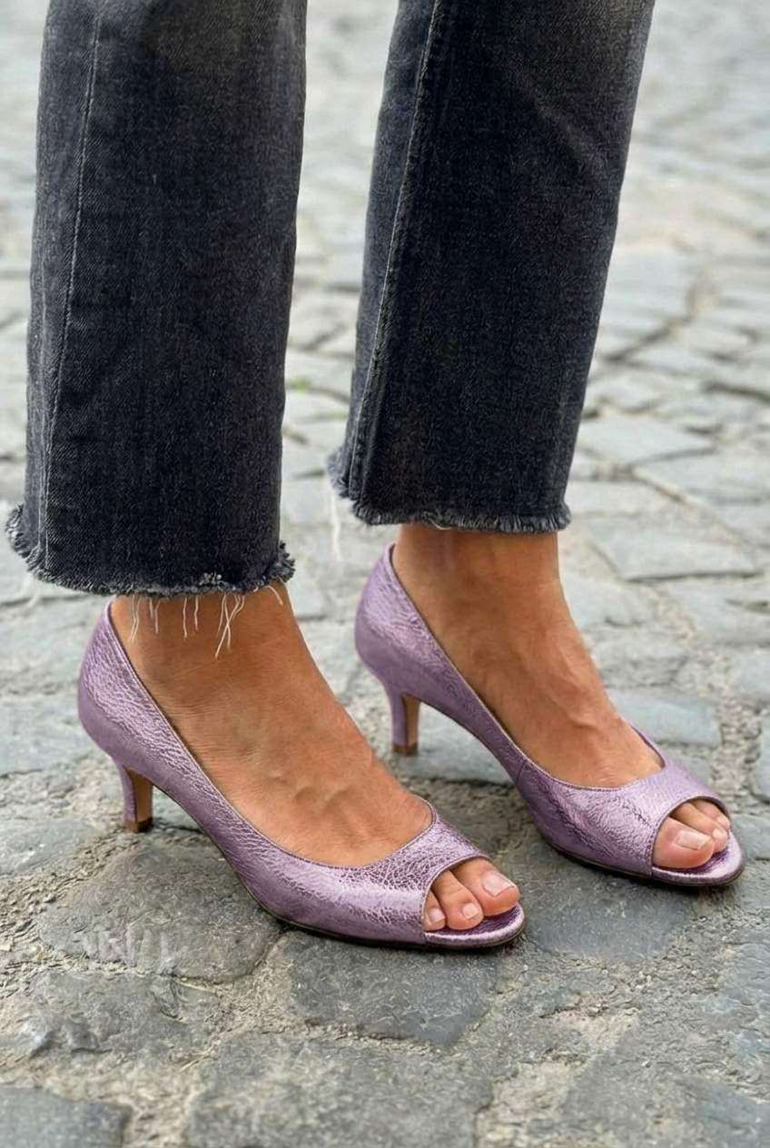 tacchi kitten metallici oro champagne punta aperta chic.