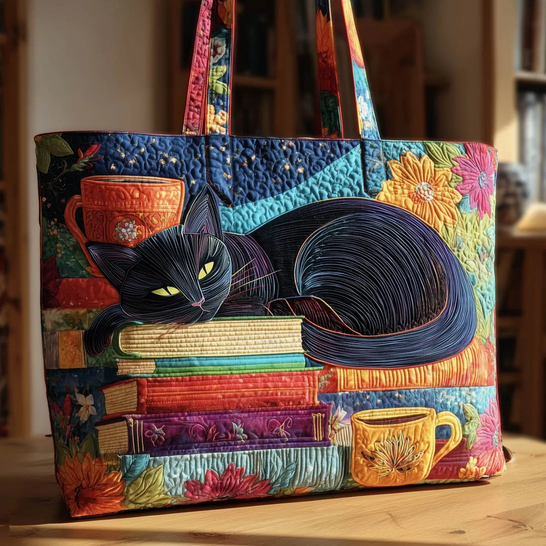 Benedetta | Borsa Trapuntata Gatto Nero tra Libri e Tazze