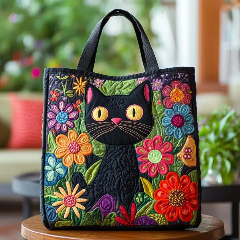 Paola | Borsa Trapuntata Gatto Nero tra i Fiori