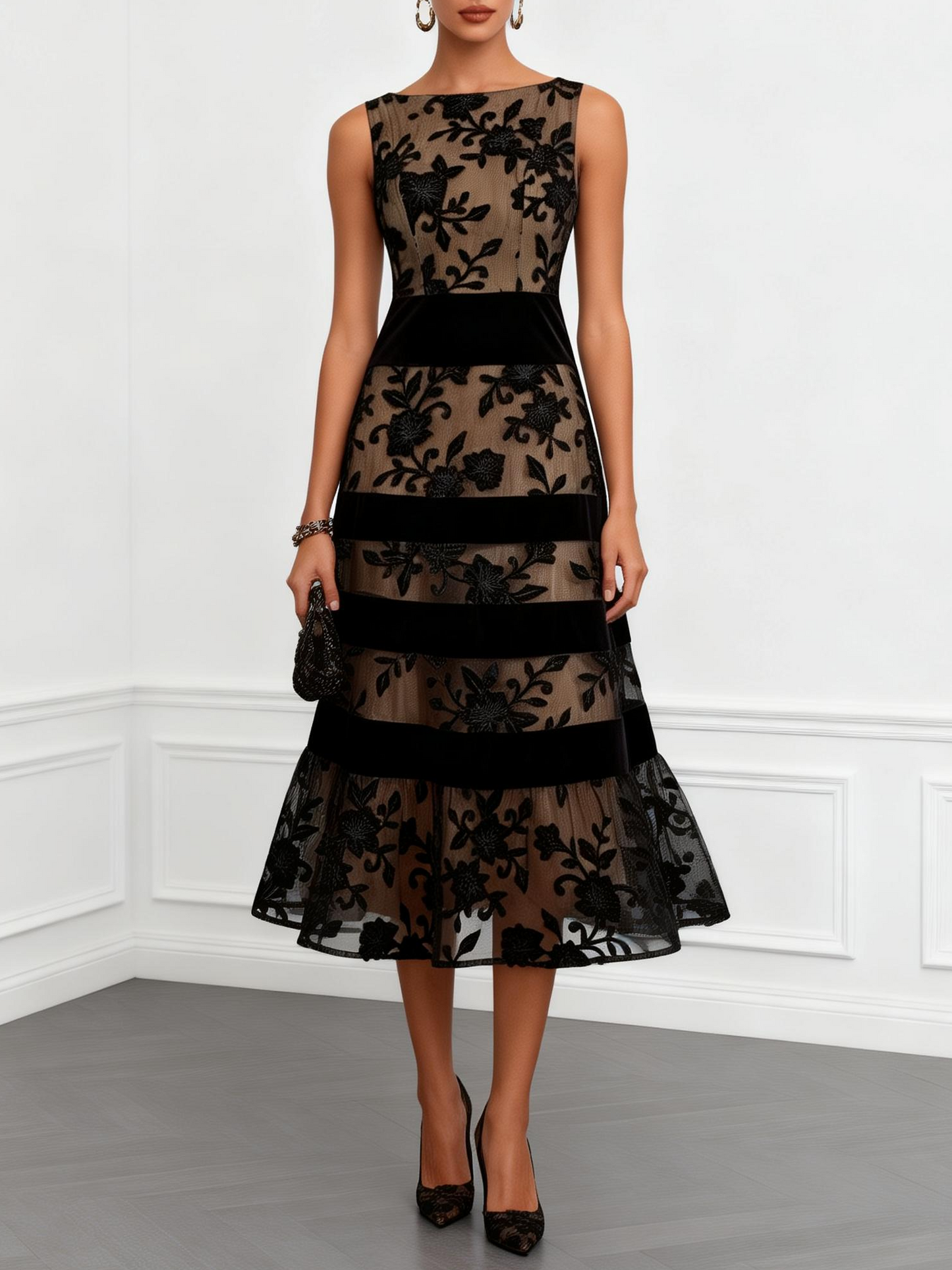 Vestito Midi Nero in Mesh Floreale Senza Maniche a Linea A