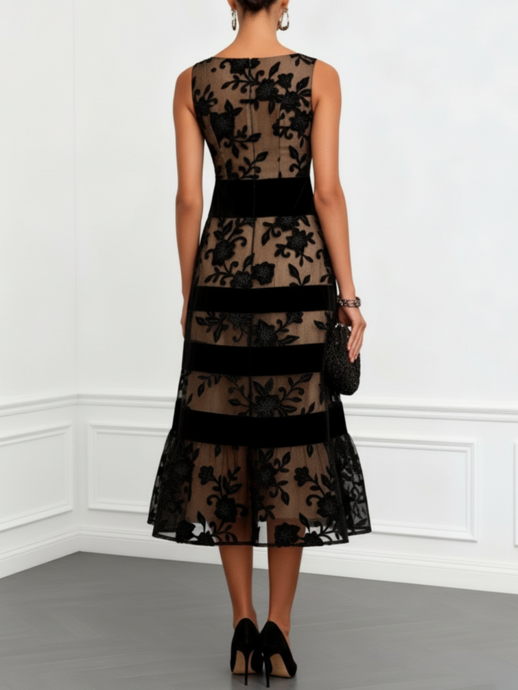 Vestito Midi Nero in Mesh Floreale Senza Maniche a Linea A