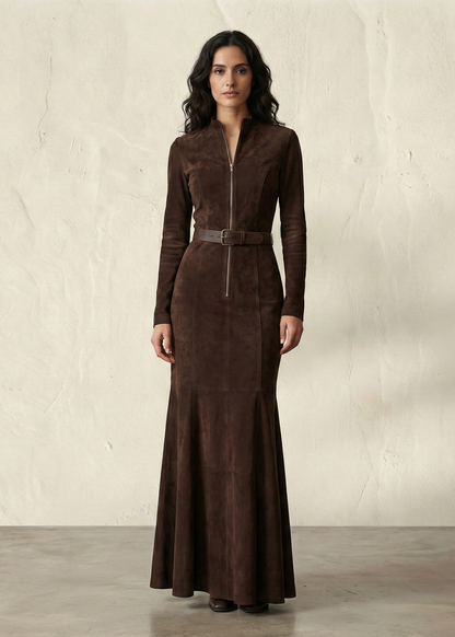 ALESSANDRA | Abito lungo marrone con cintura