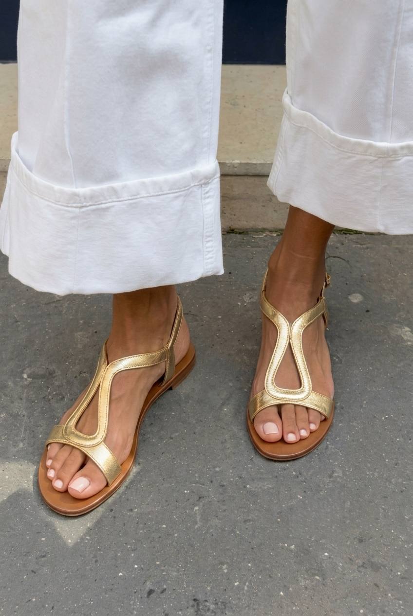 Sandali Piatti Casual Oro Metallizzato con Cut-Out e Cinturino al Tallone.