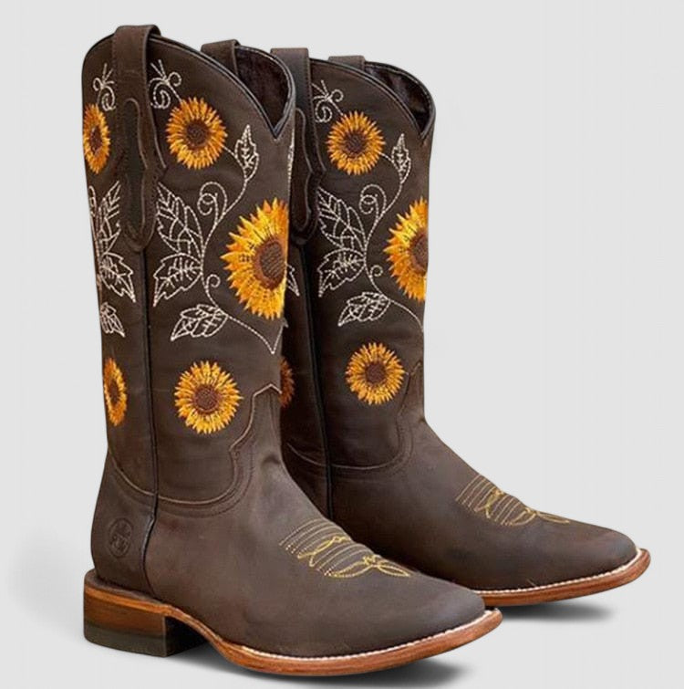 Savannah | Stivali Western Ricamati con Fiori - Marrone Scuro