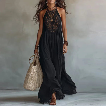 Jade | Abito Maxi Halter con Pannello in Pizzo e Schiena Scoperta