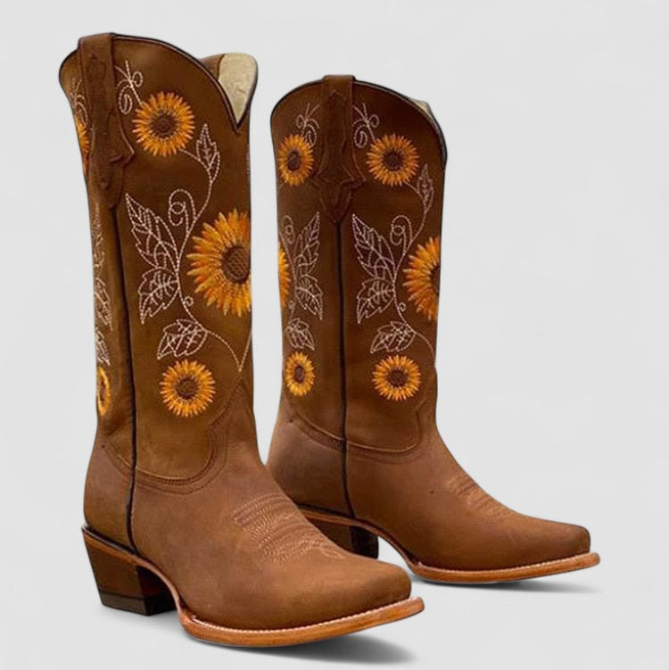 Savannah | Stivali Western Ricamati con Fiori - Marrone
