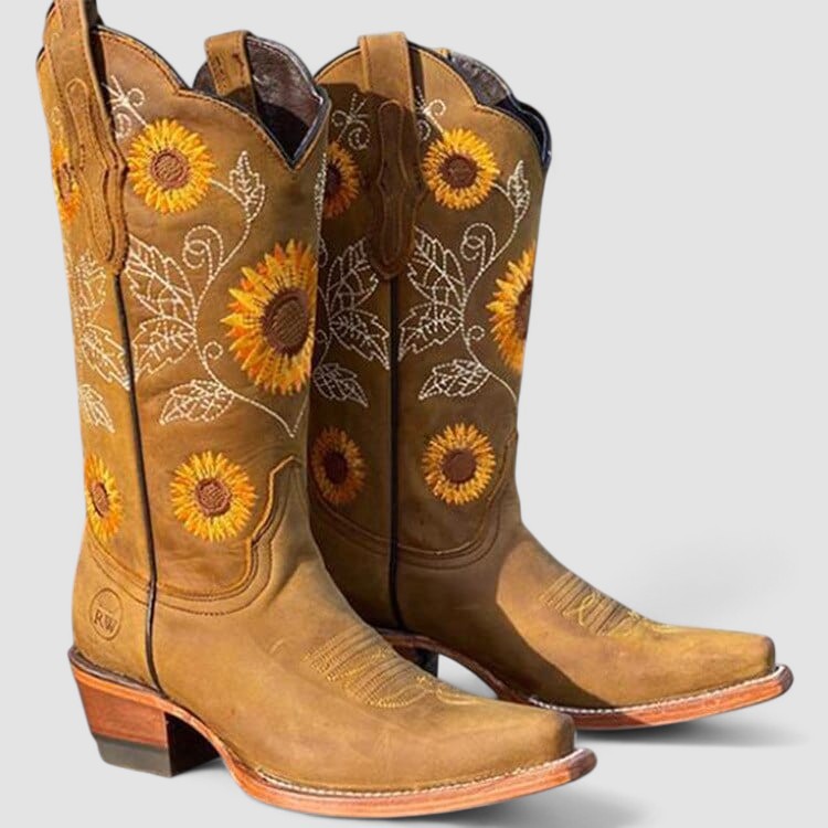 Savannah | Stivali Western Ricamati con Fiori - Cachi