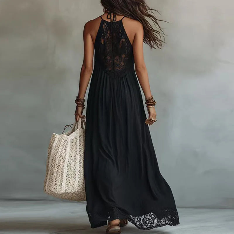 Jade | Abito Maxi Halter con Pannello in Pizzo e Schiena Scoperta