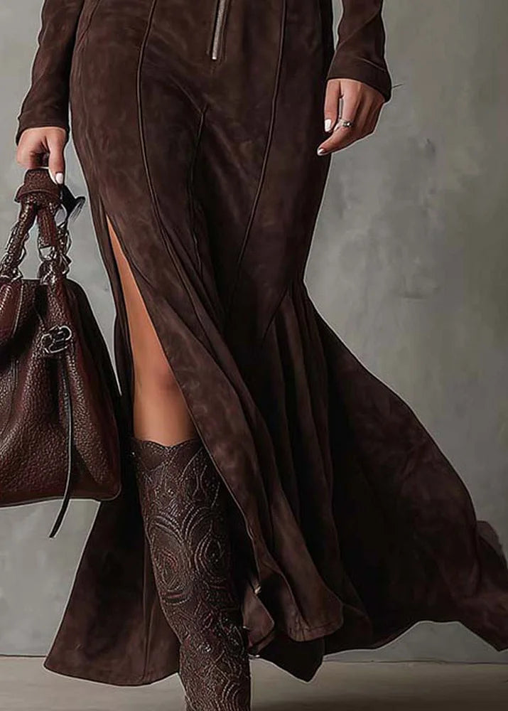 ALESSANDRA | Abito lungo marrone con cintura