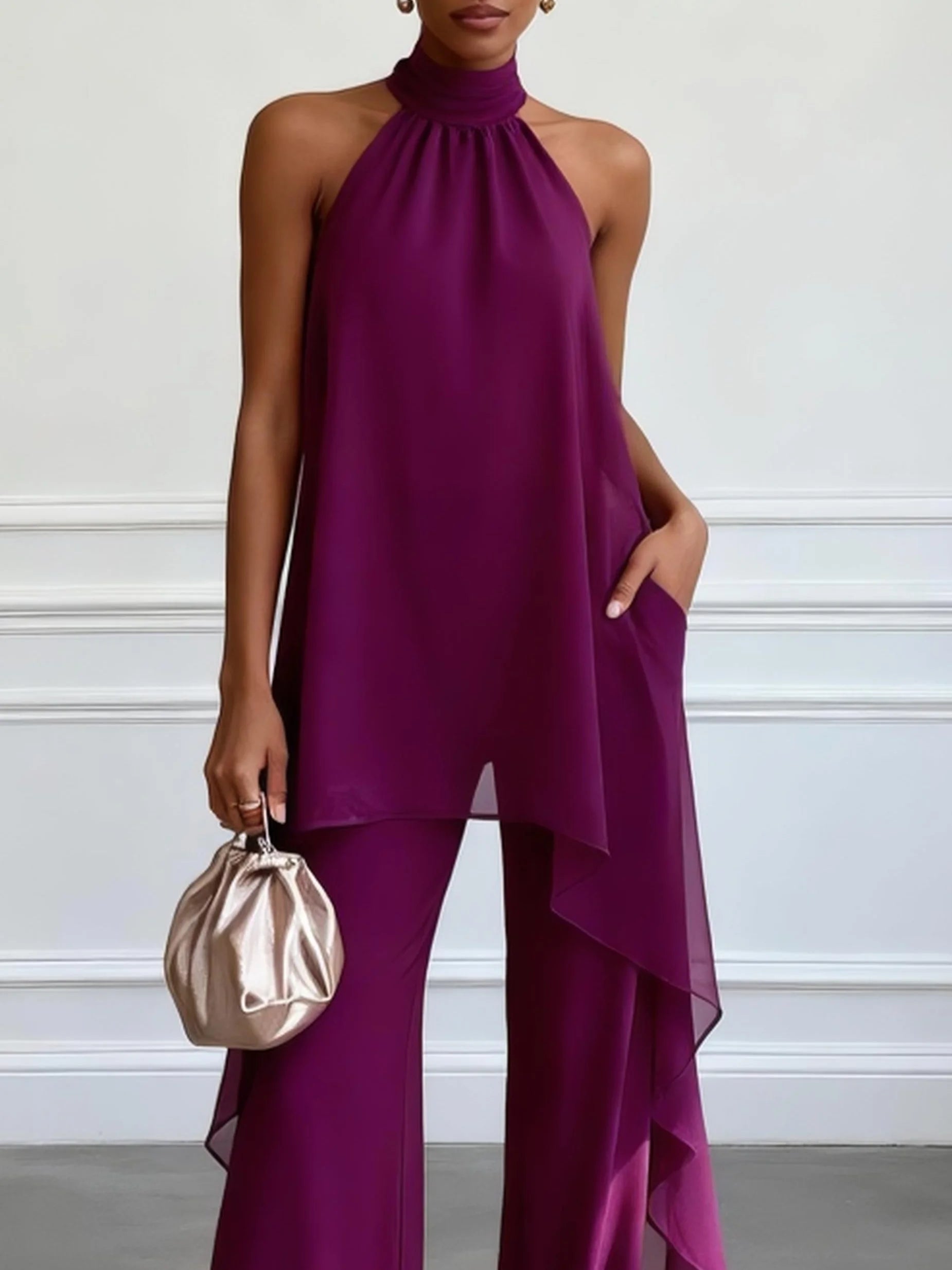 Completo Elegante Viola con Top Halter Senza Maniche e Pantaloni