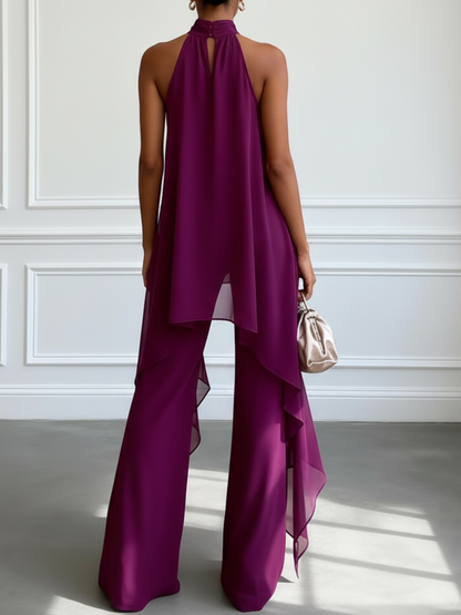 Completo Elegante Viola con Top Halter Senza Maniche e Pantaloni