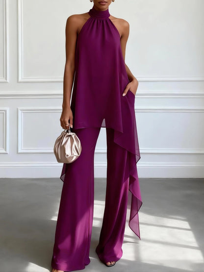 Completo Elegante Viola con Top Halter Senza Maniche e Pantaloni