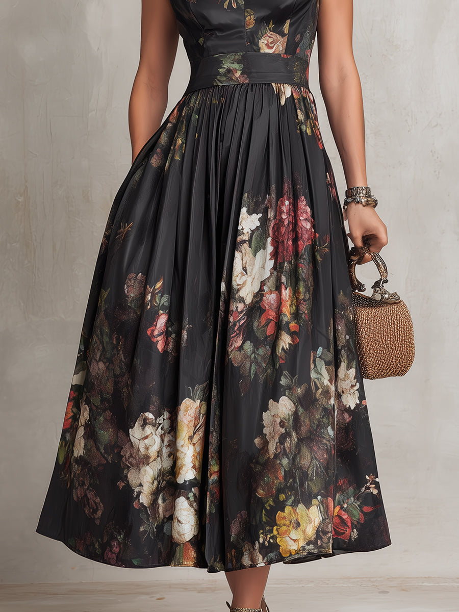 Vestito Midi in Raso Nero con Colletto a Chiave, Gonna Plissettata e Stampa Floreale