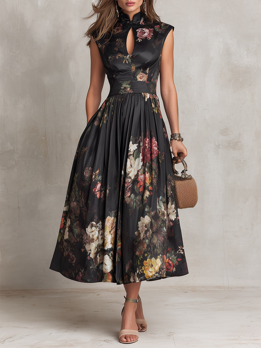 Vestito Midi in Raso Nero con Colletto a Chiave, Gonna Plissettata e Stampa Floreale