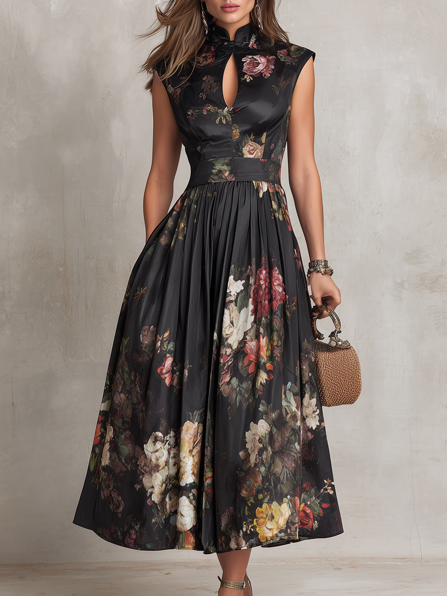 Vestito Midi in Raso Nero con Colletto a Chiave, Gonna Plissettata e Stampa Floreale