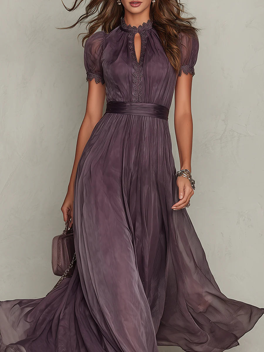 Abito Lungo Viola in Chiffon con Scollo a Goccia e Bordo in Pizzo