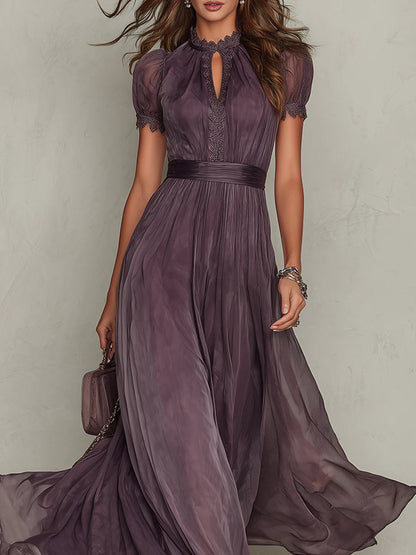 Abito Lungo Viola in Chiffon con Scollo a Goccia e Bordo in Pizzo