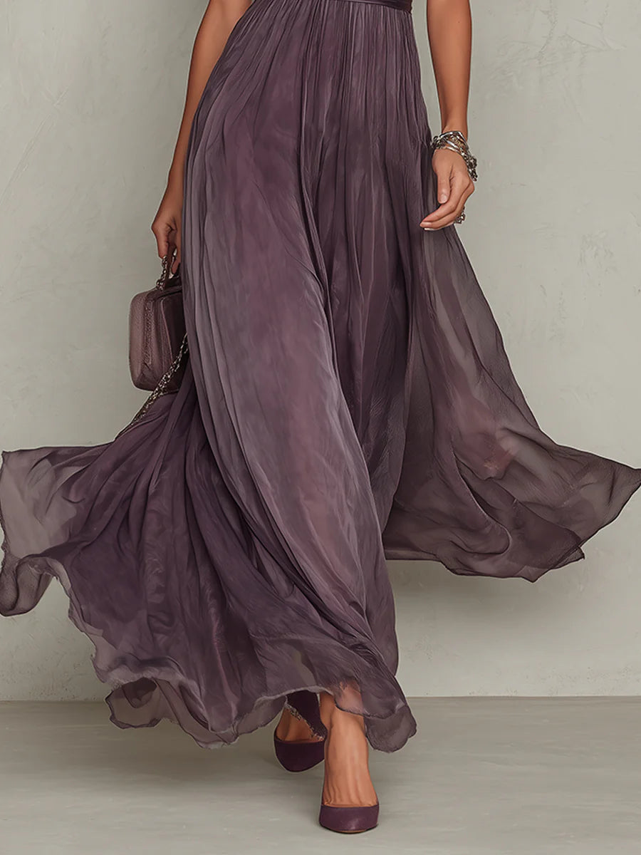 Abito Lungo Viola in Chiffon con Scollo a Goccia e Bordo in Pizzo